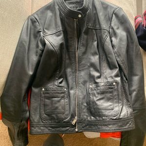Womens black real leather moto jacket- Bernardo, size M